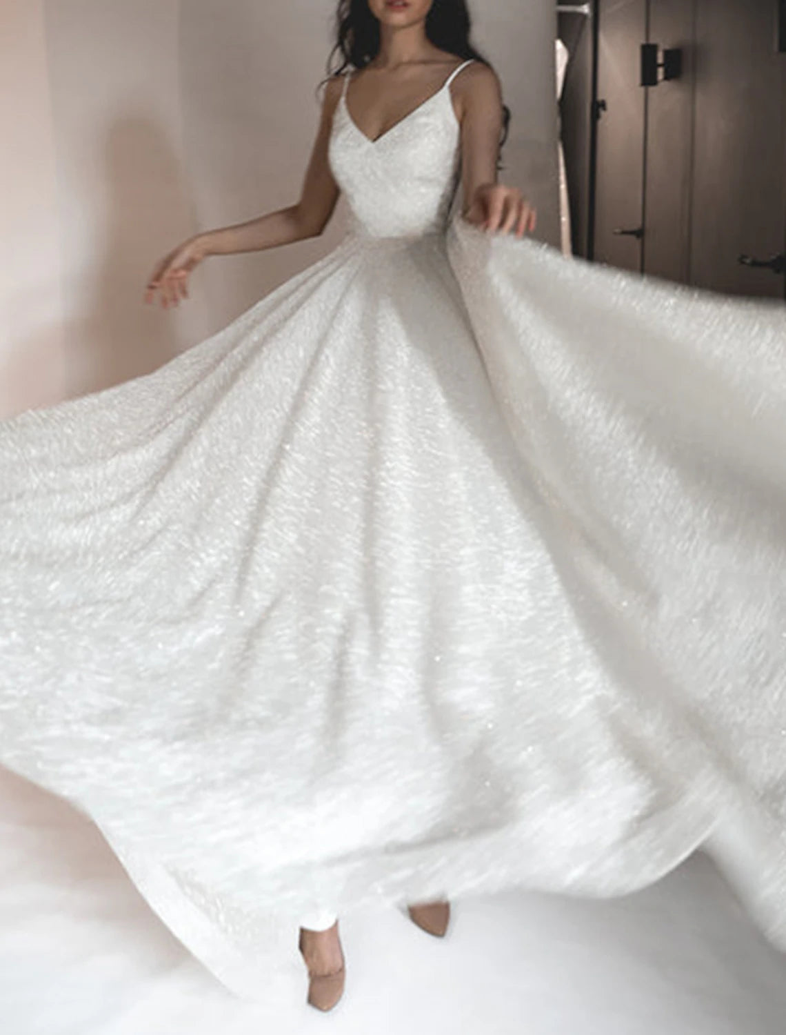 Vestido de fiesta brillante, vestido de boda, fiesta, cumpleaños, cola de corte, sin mangas, tirantes finos, tul con lentejuelas, 2025